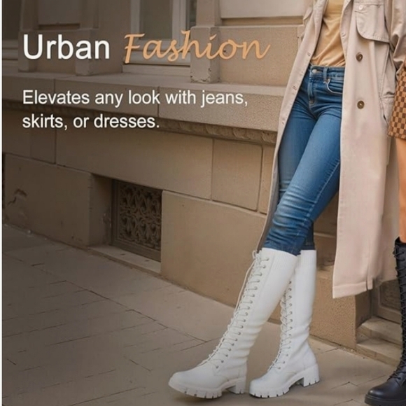 Women's White Knee-High Lace-Up Boots PU and Knit Material New - Picture 3 of 16